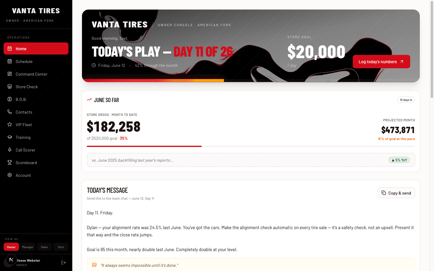 The Vanta Tires owner console in a desktop browser