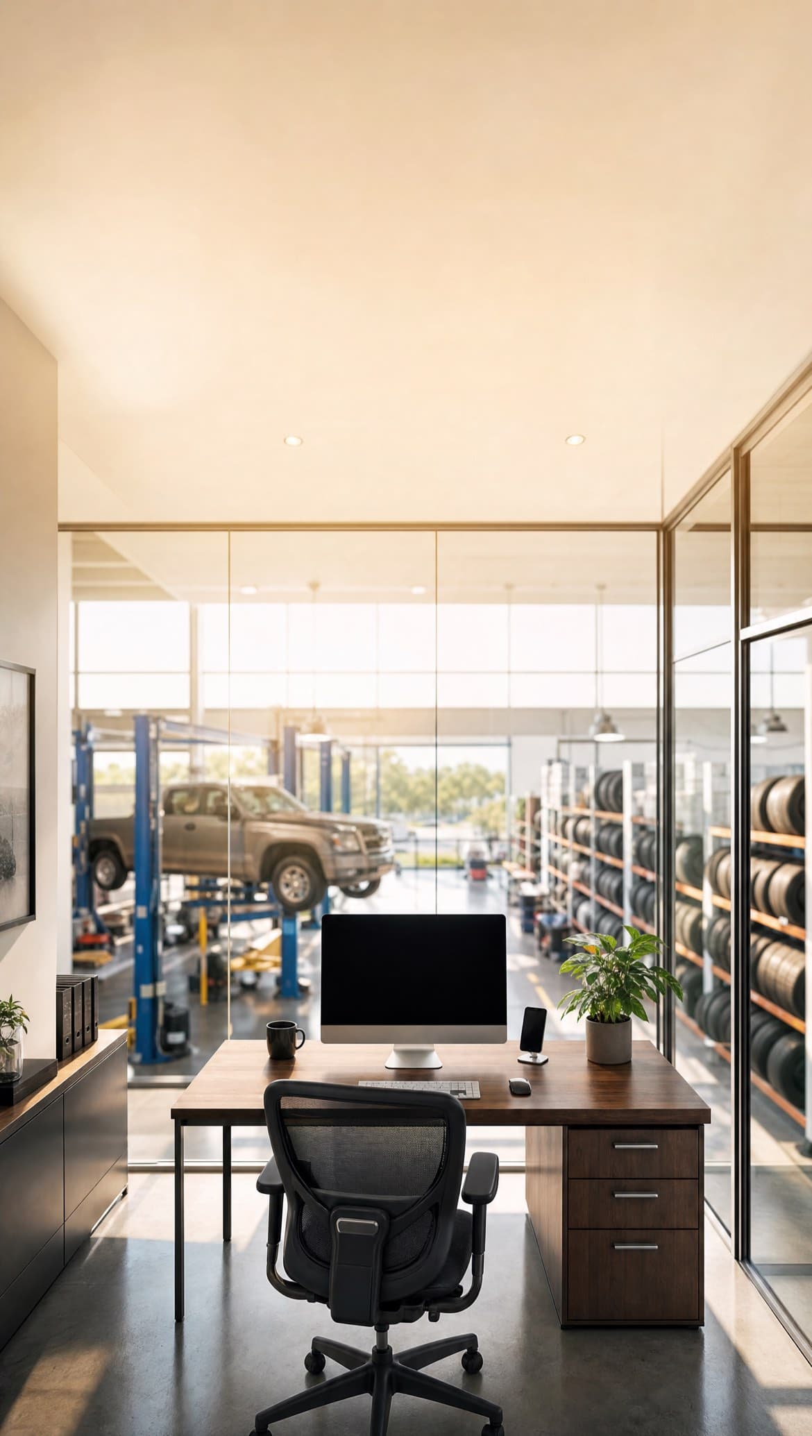 A desk with a monitor and phone in a glass office above a automotive repair shop floor