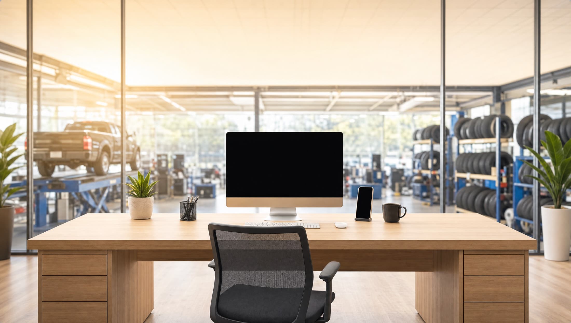 A desk with a monitor and phone in a glass office above a automotive repair shop floor