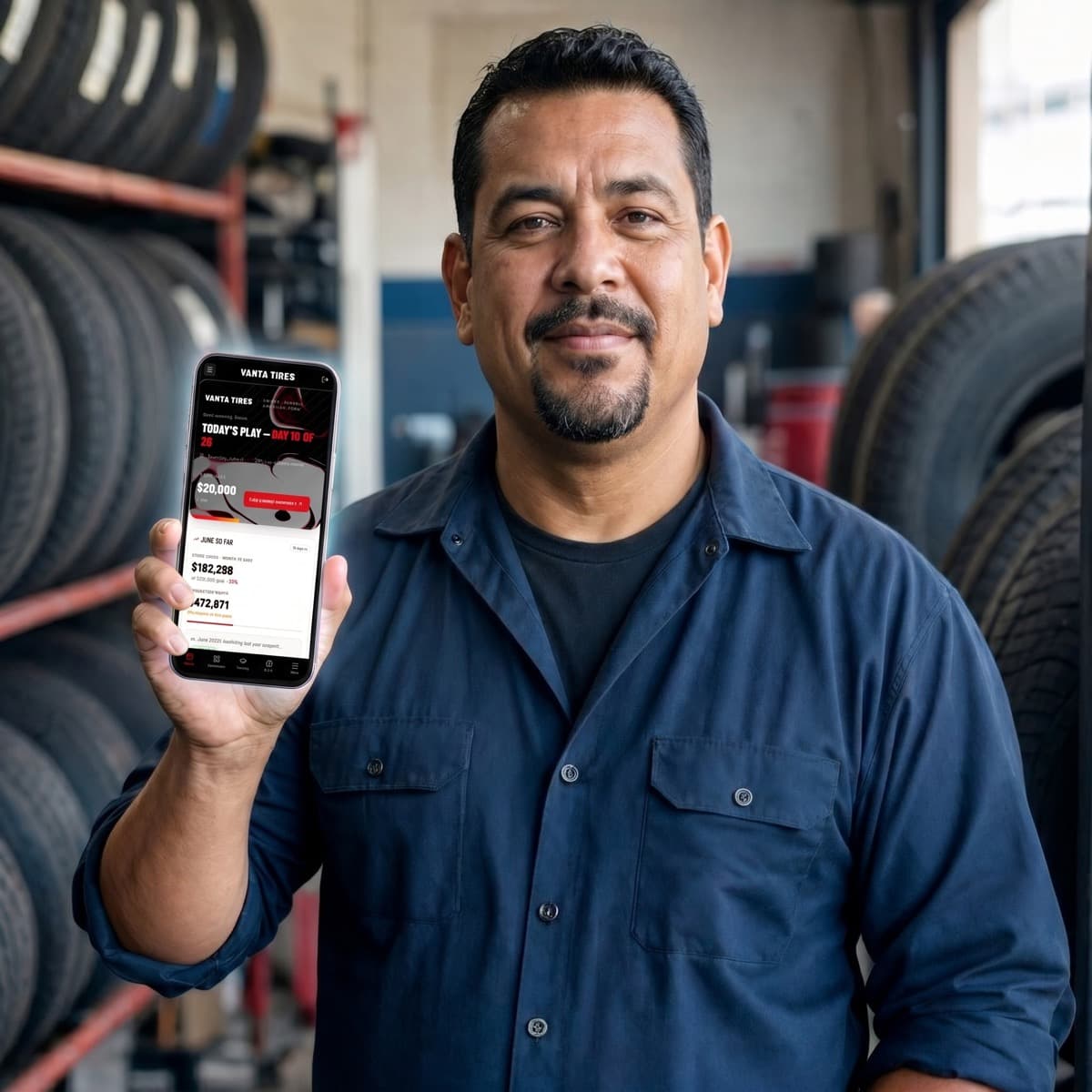 A shop owner holding a phone running Vanta Tires
